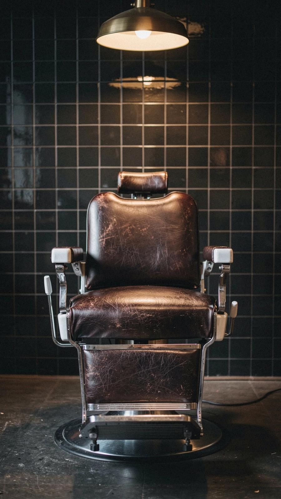 Empty barber chair under warm shop light at corehosterne.com in Kyiv